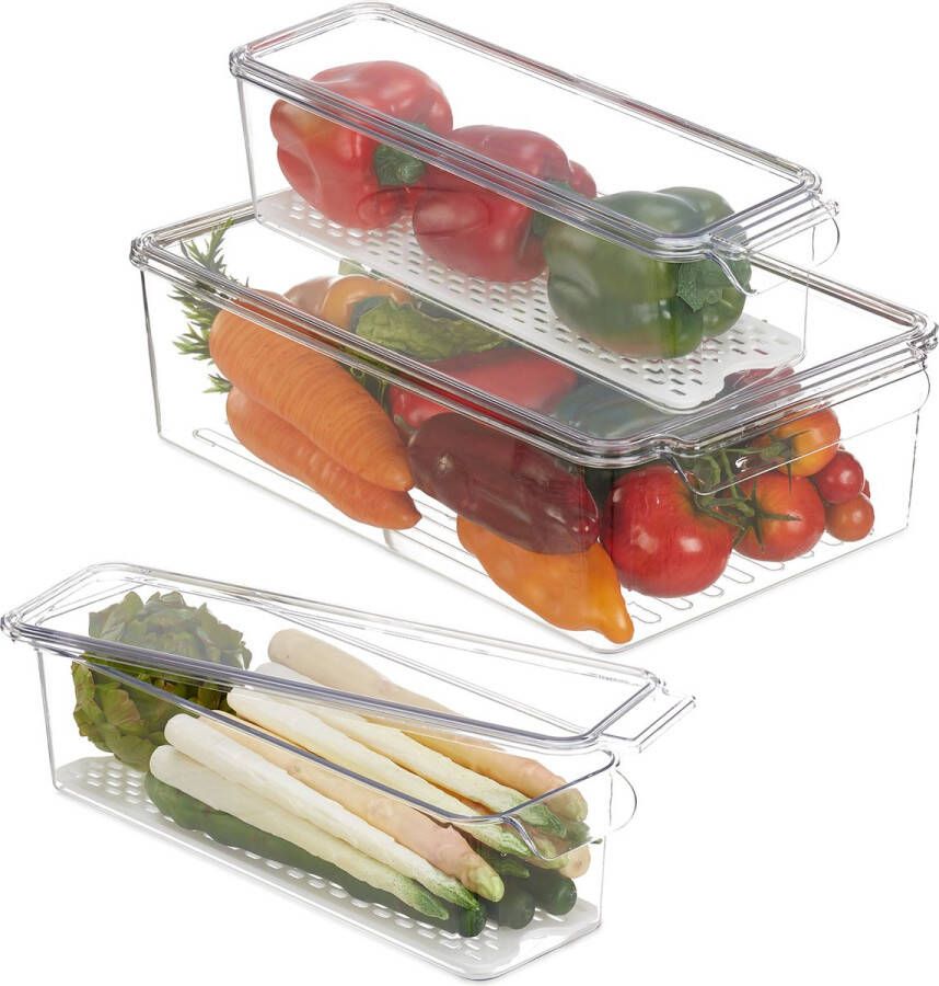 Relaxdays koelkast organizer set van 3 koelkast opbergbak transparant langwerpig bakje