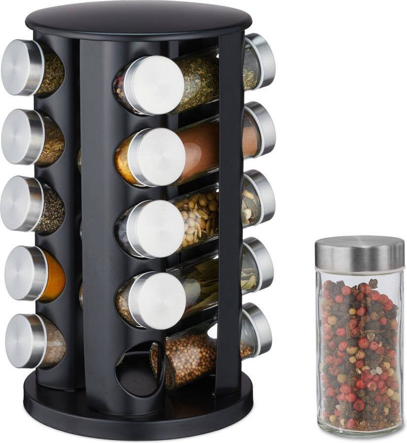 Relaxdays kruidencarrousel met 20 potjes draaiend kruidenrek rvs specerijenrek zwart
