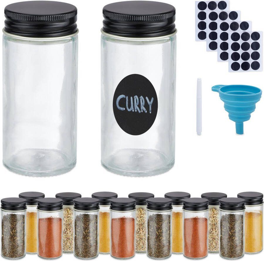 Relaxdays kruidenpotjes set met labels rond kruidenstrooiers rvs glas keuken set van 16