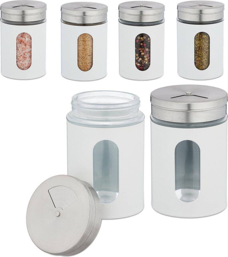 Relaxdays kruidenpotjes set van 6 strooipotjes 3 strooigroottes 290 ml modern wit