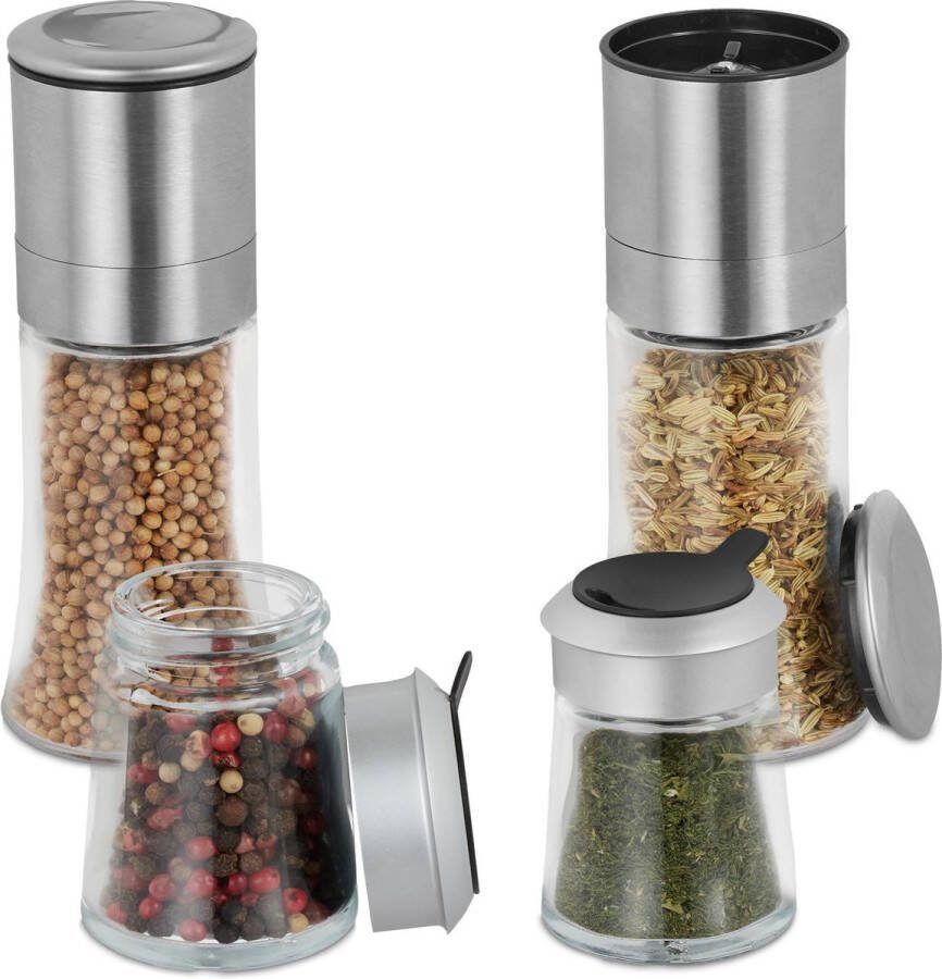 Relaxdays kruidenstrooier set van 4 kruidenmolen kruidenpotje pepermolen glas rvs