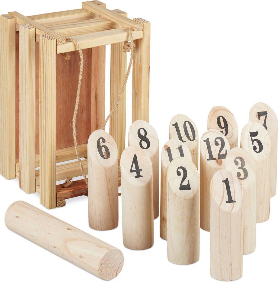 Relaxdays kubb met houten kist met cijfers blokkenspel outdoor familiespel
