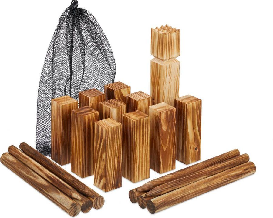 Relaxdays kubb spel 22-delig outdoor vikingkubb volwassenen houten blokkenspel