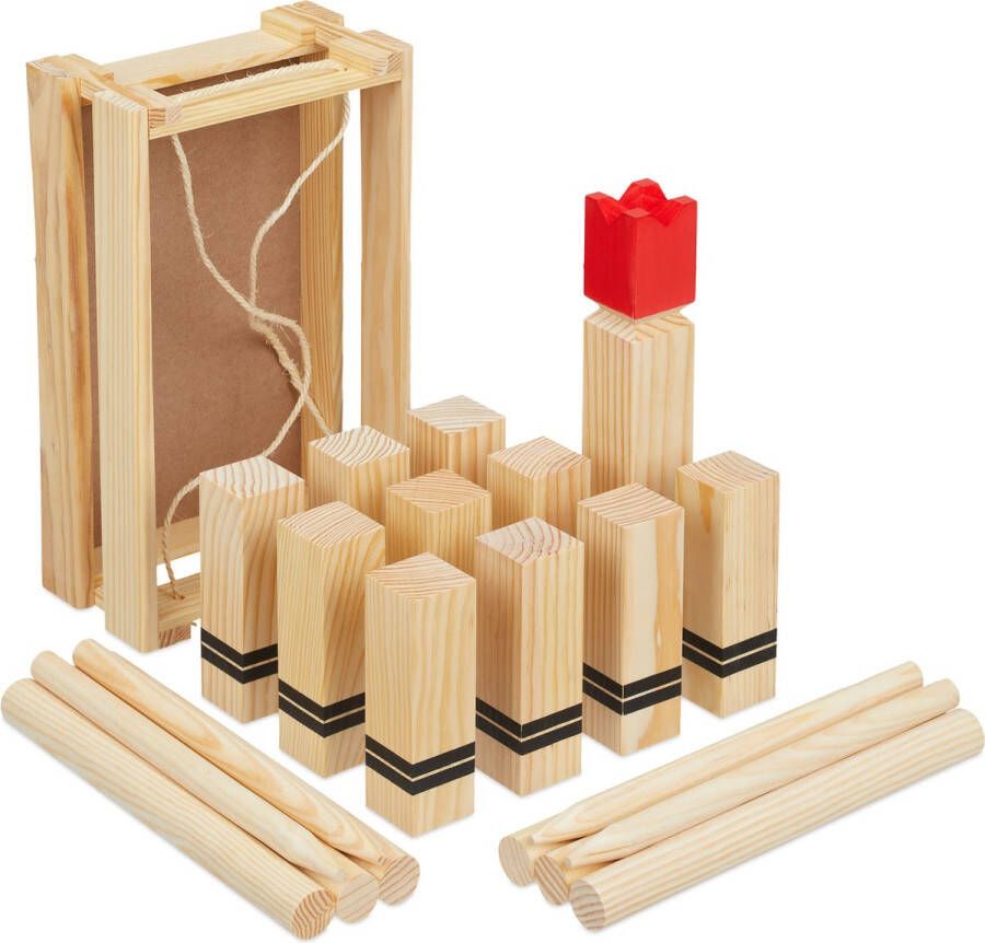 Relaxdays Kubb spel met rode koning houten blokken familiespel 21 speelfiguren