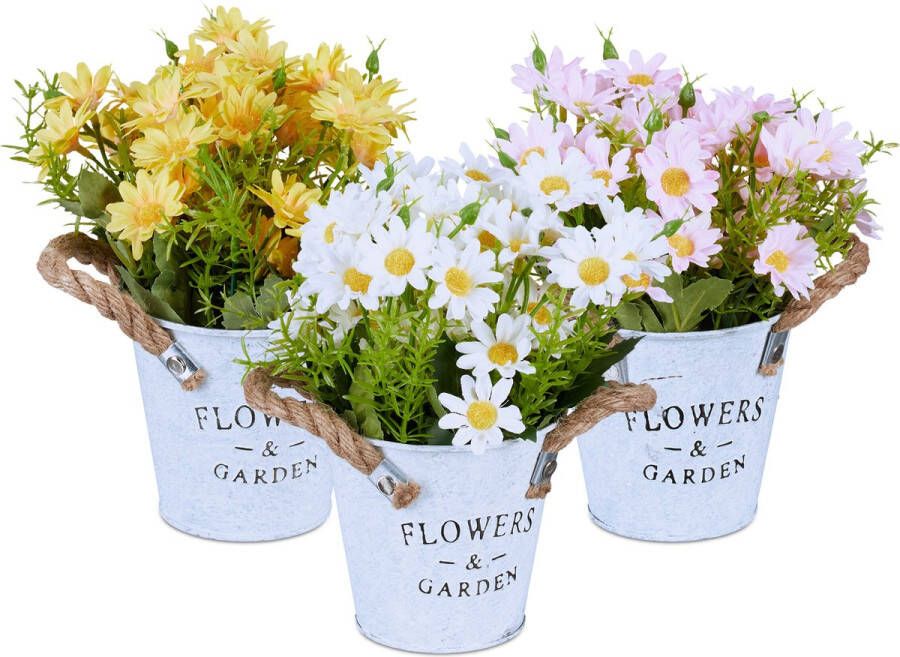 Relaxdays kunstbloemen set van 3 namaak bloemen pot met handgrepen nep chrysanten