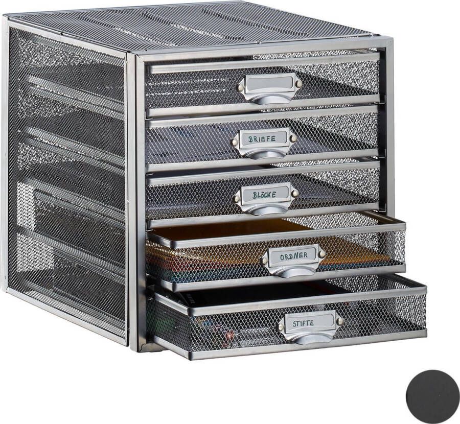Relaxdays Ladenbox brievenbak opbergsysteem ladenblok op bureau 5 lades A4 zilver