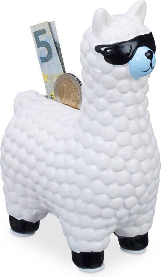 Relaxdays lama spaarpot met zonnebril spaarvarken spaarpotje alpaca keramiek wit