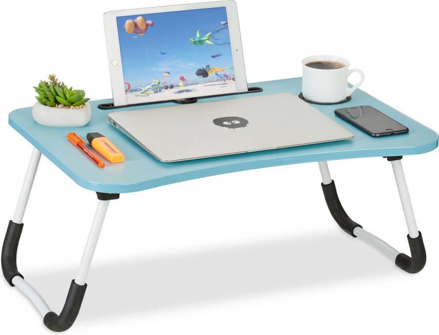 Relaxdays laptoptafel inklapbaar bedtafel lichtblauw schoottafeltje met tablethouder