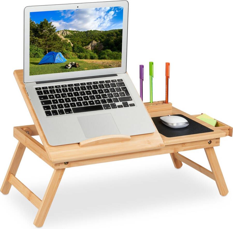 Relaxdays laptoptafel inklapbaar schoottafel laptop bamboe met lade bedtafel