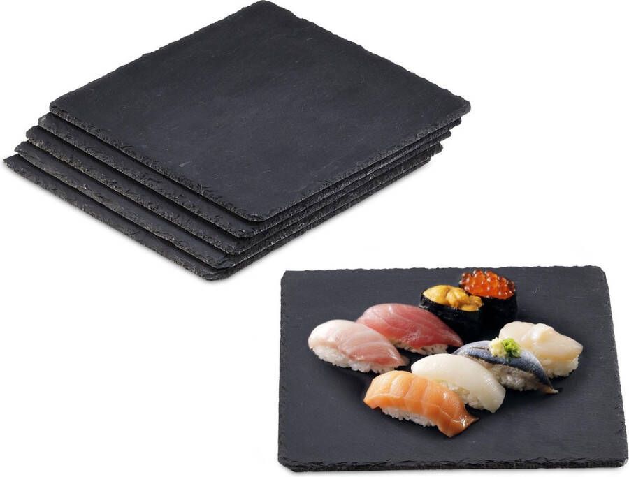 Relaxdays Leisteen serveerplank 25x25 cm 6 stuks onderzetter sushi bord vierkant