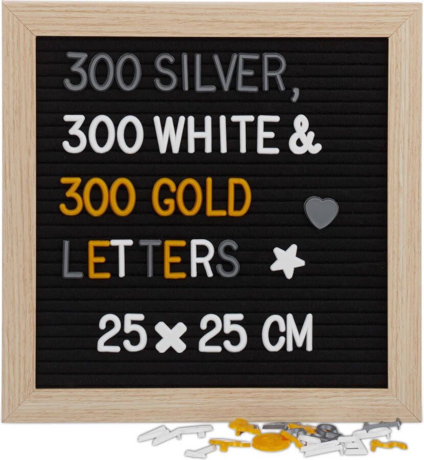 Relaxdays letterbord hout memoboard 25 cm tekstbord vierkant 900 tekens zwart