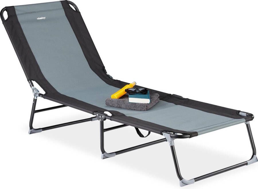 Relaxdays ligstoel verstelbaar campingstoel tot 113 kg ligbed tuin zwart-grijs