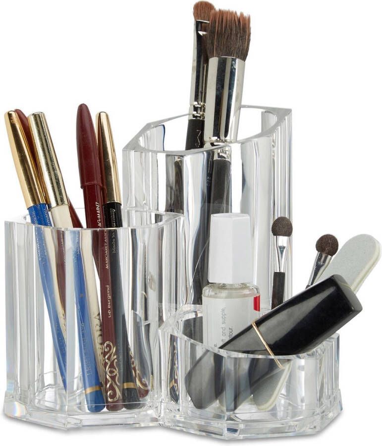 Relaxdays make-up houder doorzichtig voor brushes 3 vakken pennenbakje transparant