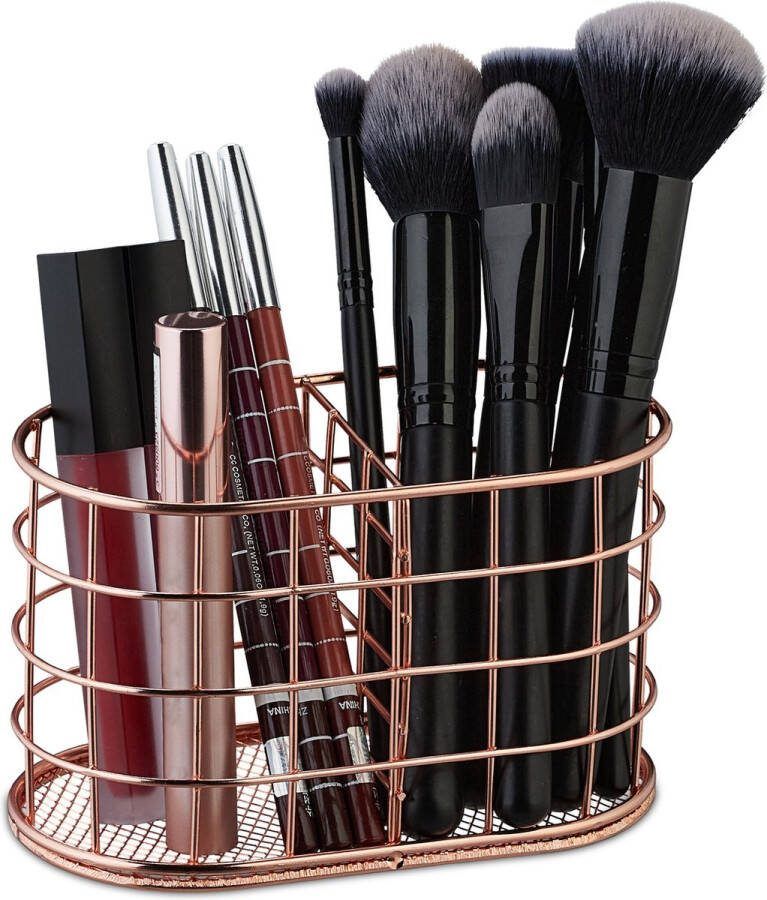 Relaxdays make-up kwastenhouder roségoud pennenbak 2 vakken metalen pennenhouder