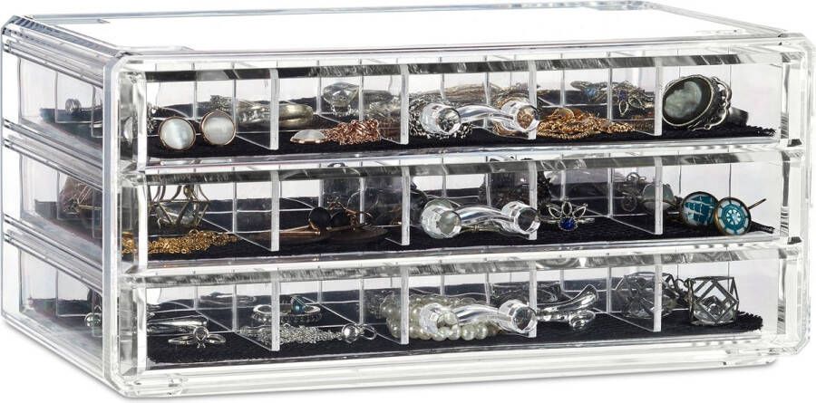 Relaxdays make-up organizer acryl 3 lades met vakken acrylbox cosmeticabox opbergdoos doorzichtig