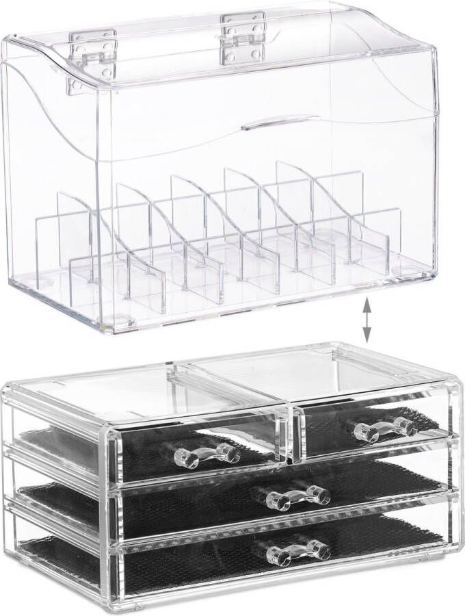 Relaxdays make-up organizer acrylbox met deksel 18 vakken 4 lades opbergdoos doorzichtig