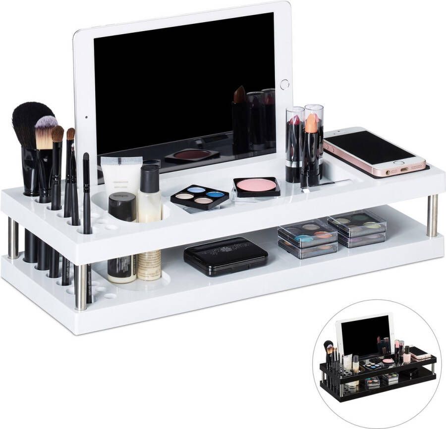 Relaxdays Make up organizer cosmetica organizer smartphone en tablet standaard wit