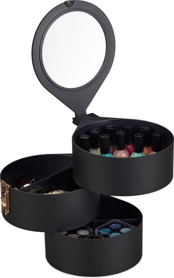 Relaxdays Make-Up Organizer Driedelig Rond Met Spiegel Opbergdoos Cosmetica Sieradendoos Zwart