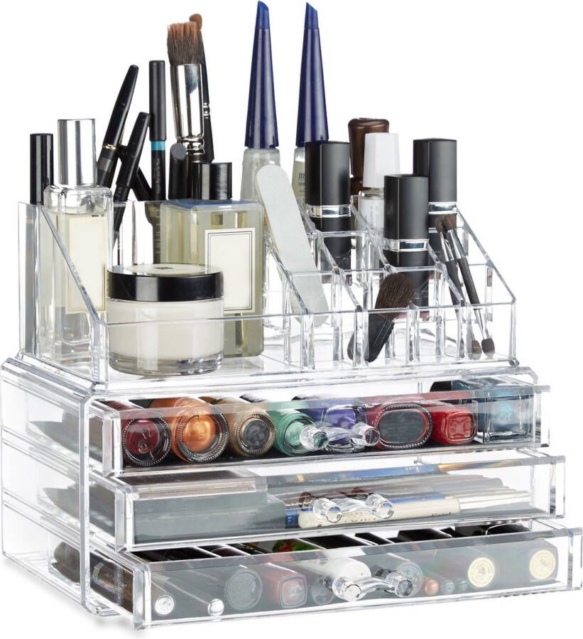 Relaxdays make-up organizer klein stapelbaar sieradendoosje cosmetica opbergbox doorzichtig