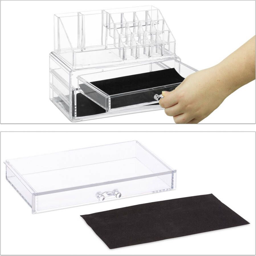 Relaxdays Make up organizer met 2 lades acryl make up toren doorzichtig 16 vakken doorzichtig