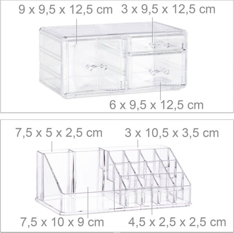 Relaxdays Make up organizer met 3 lades acryl make up toren doorzichtig 16 vakken doorzichtig
