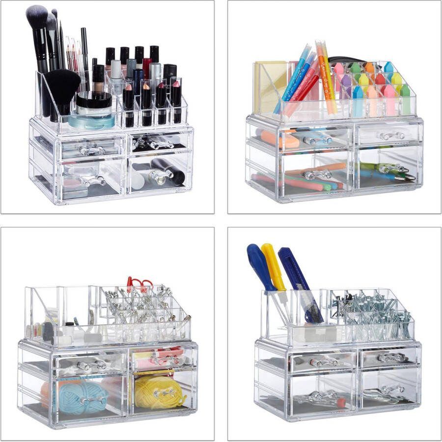 Relaxdays Make up organizer met 4 lades acryl make up toren doorzichtig 16 vakken doorzichtig
