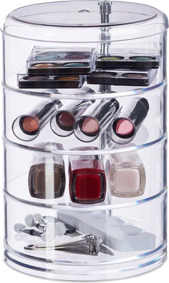Relaxdays make-up organizer met 4 vakken draaibaar cosmetica rond acryl doorzichtig