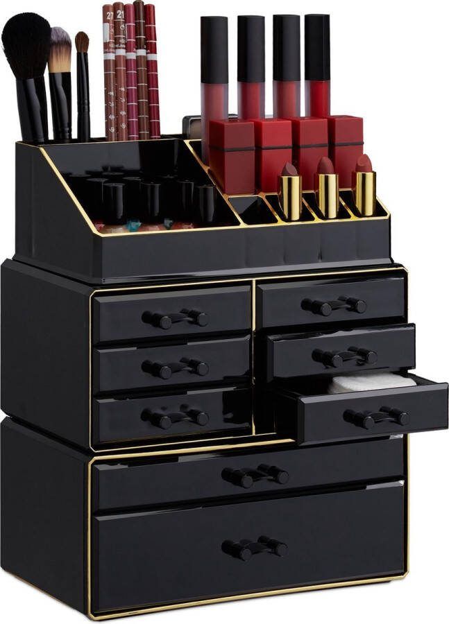 Relaxdays make-up organizer opbergen van cosmetica acryl stapelbaar met lades zwart-goud