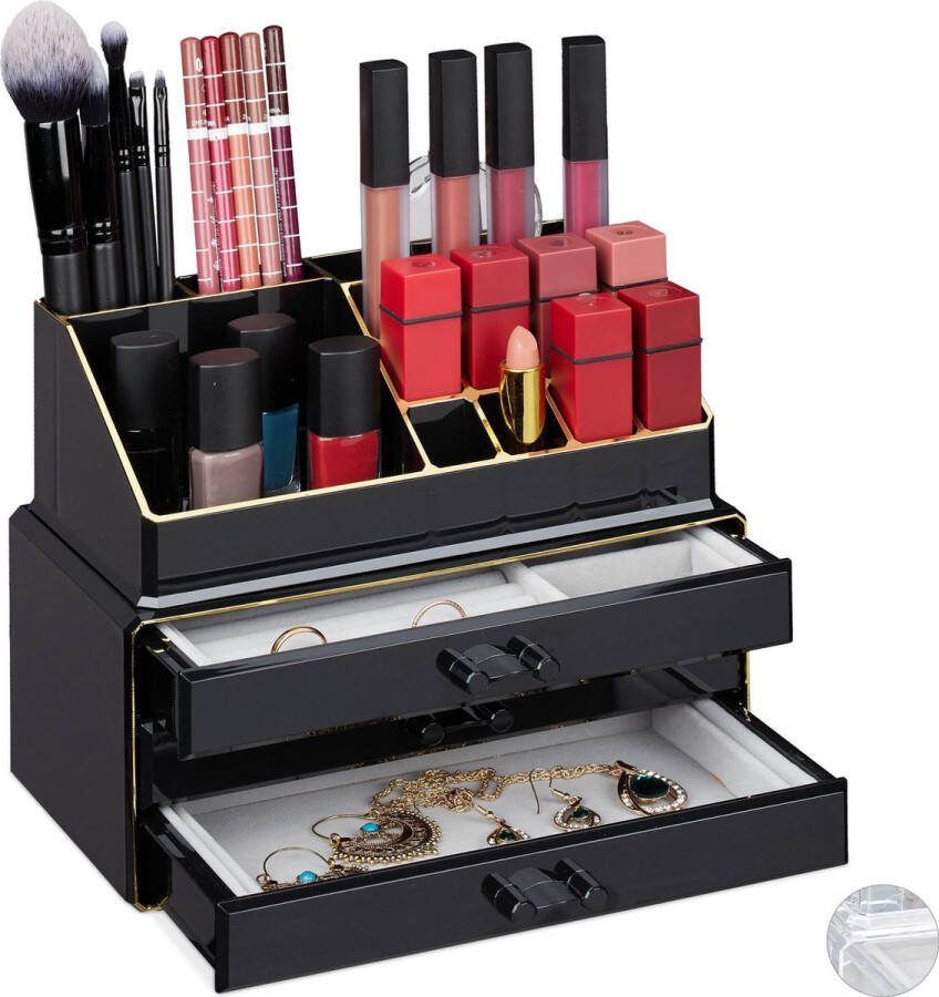 Relaxdays make up organizer sieradendoos sieradenkistje opbergdoos cosmetica zwart-goud
