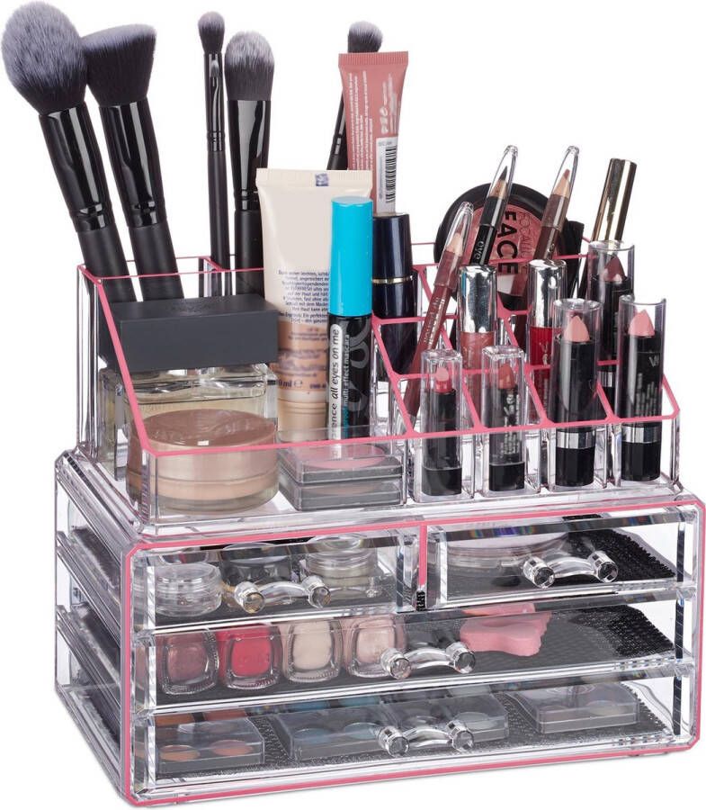 Relaxdays make-up organizer tweedelig cosmetica opbergdoos + lippenstift houder Roze-strepen
