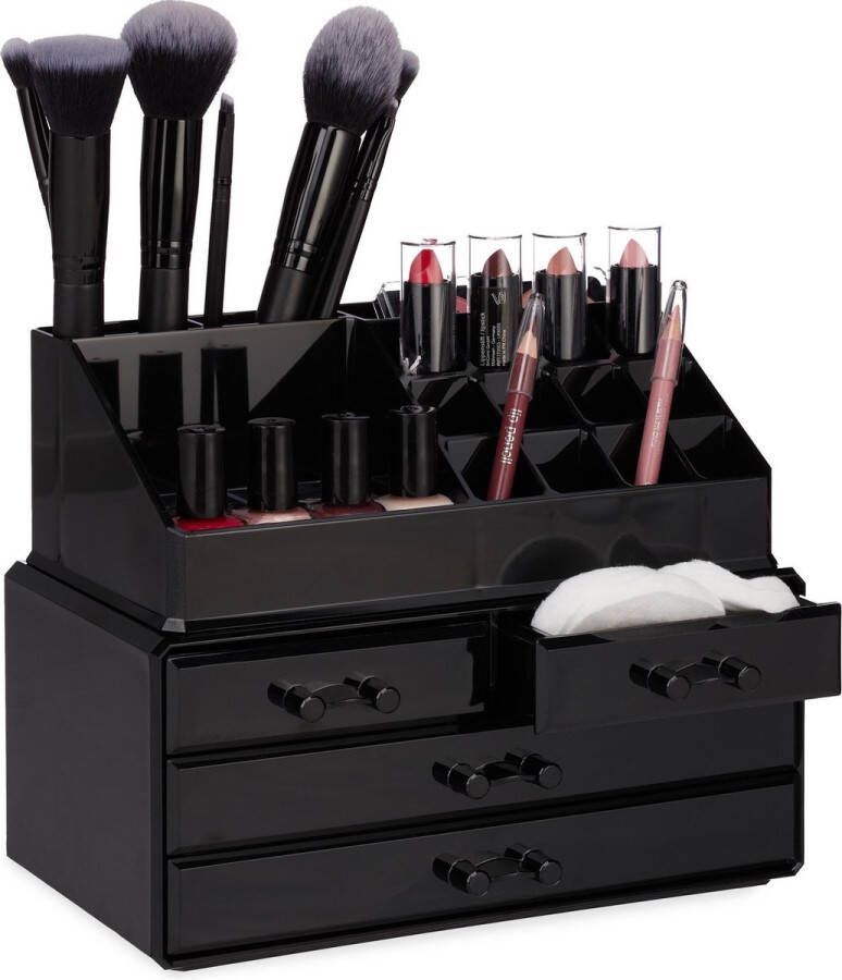 Relaxdays make-up organizer tweedelig cosmetica opbergdoos + lippenstift houder zwart