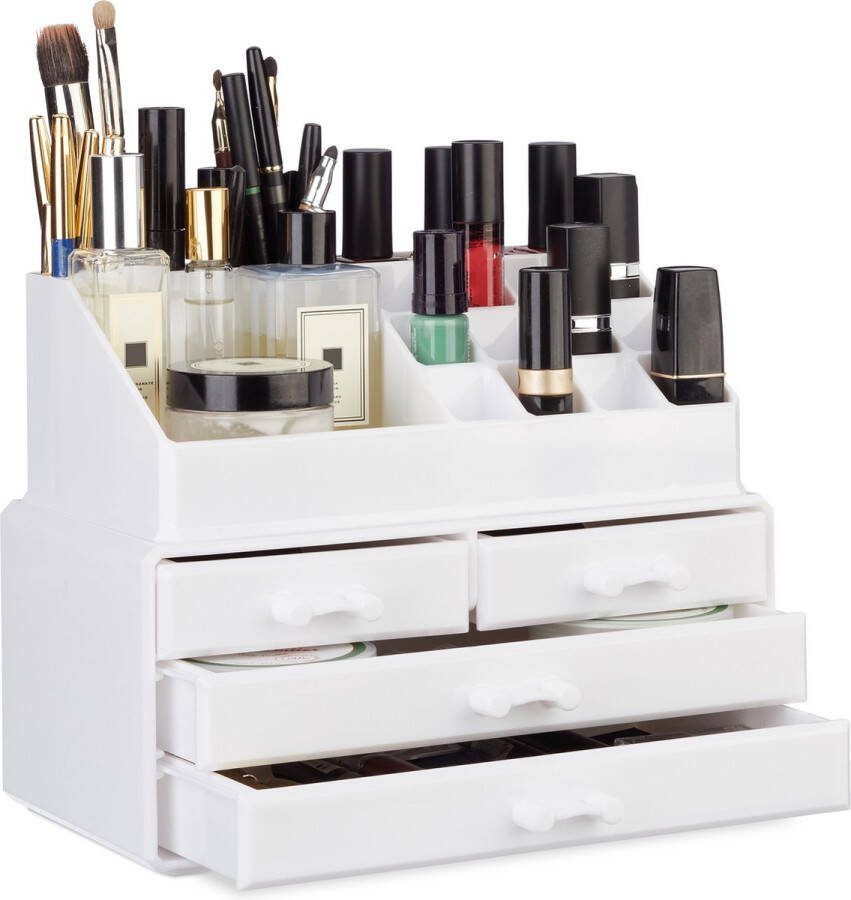 Relaxdays Make-up Organizer Tweedelig Cosmetica Opbergdoos Wit