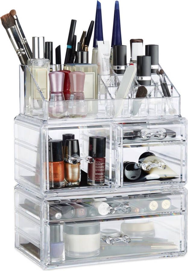 Relaxdays make-up organizer van acryl cosmetica toren lippenstifthouder make up box doorzichtig