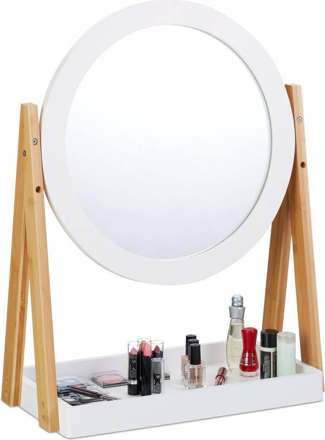Relaxdays make up spiegel draaibaar cosmeticaspiegel bamboe opbergvak