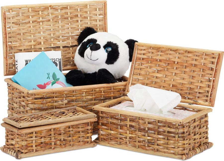 Relaxdays manden set 3 stuks rotan met deksel opbergmanden gevlochten opbergkist