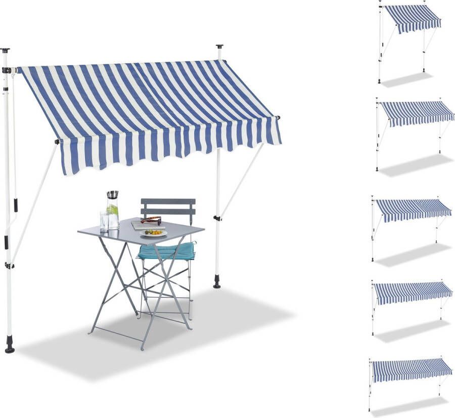 Relaxdays markies klem-zonwering zonnescherm balkon hoogte verstelbaar blauw-wit 200 x 120 cm
