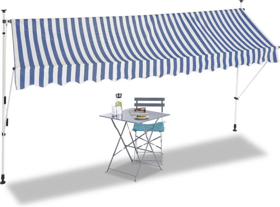 Relaxdays markies klem-zonwering zonnescherm balkon hoogte verstelbaar blauw-wit 400 x 120 cm