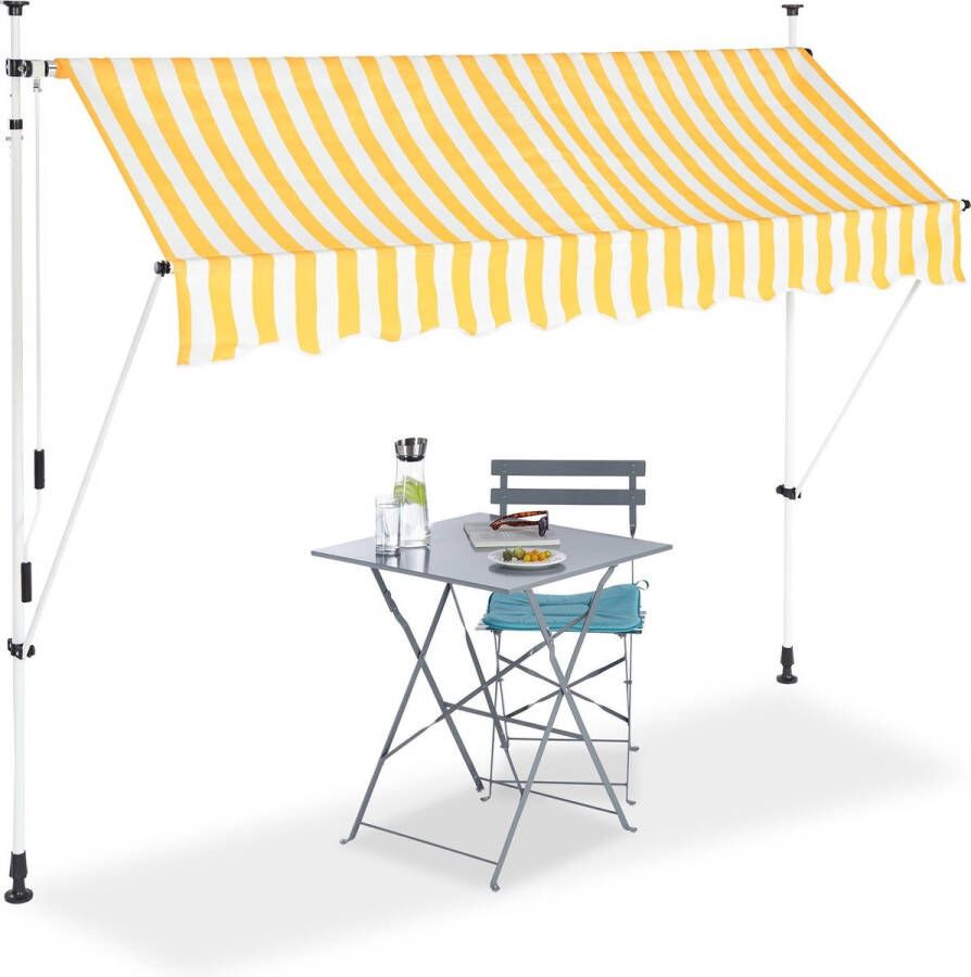 Relaxdays markies verstelbaar klem-zonwering zonnescherm balkon zonder boren geel-wit 250 x 120 cm
