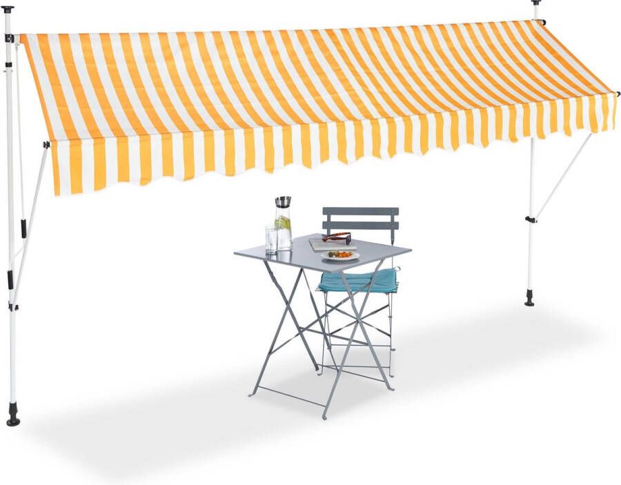 Relaxdays markies verstelbaar klem-zonwering zonnescherm balkon zonder boren geel-wit 350 x 120 cm