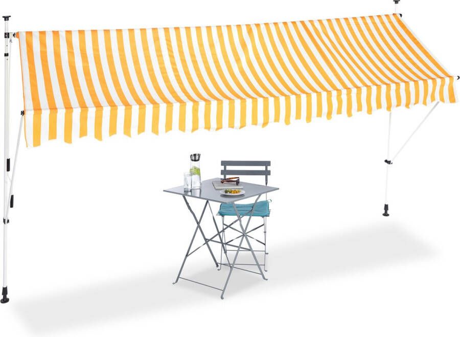 Relaxdays markies verstelbaar klem-zonwering zonnescherm balkon zonder boren geel-wit 400 x 120 cm