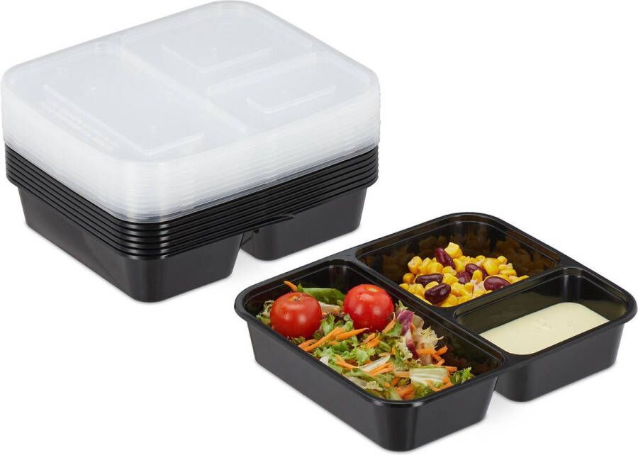 Relaxdays meal prep bakjes 10 stuks 3 vakken herbruikbare lunchbox vershoudbakjes
