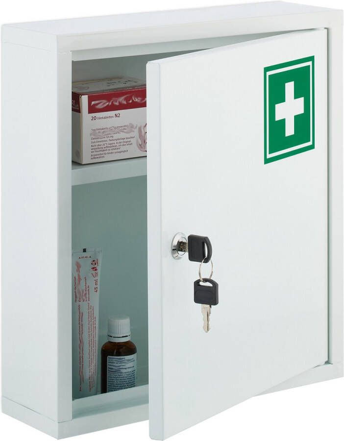 Relaxdays medicijnkastje afsluitbaar witte opbergkast medicijnen metalen EHBO-kast