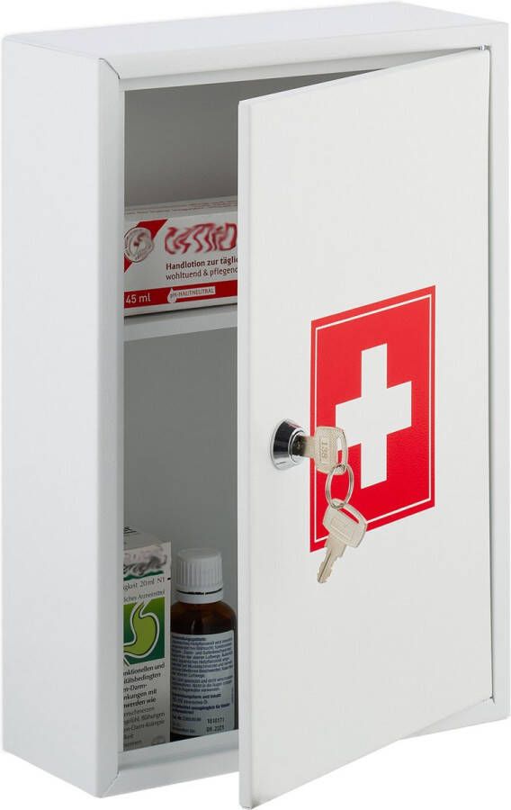 Relaxdays medicijnkastje met kruis afsluitbaar apothekerskastje EHBO-kastje wit
