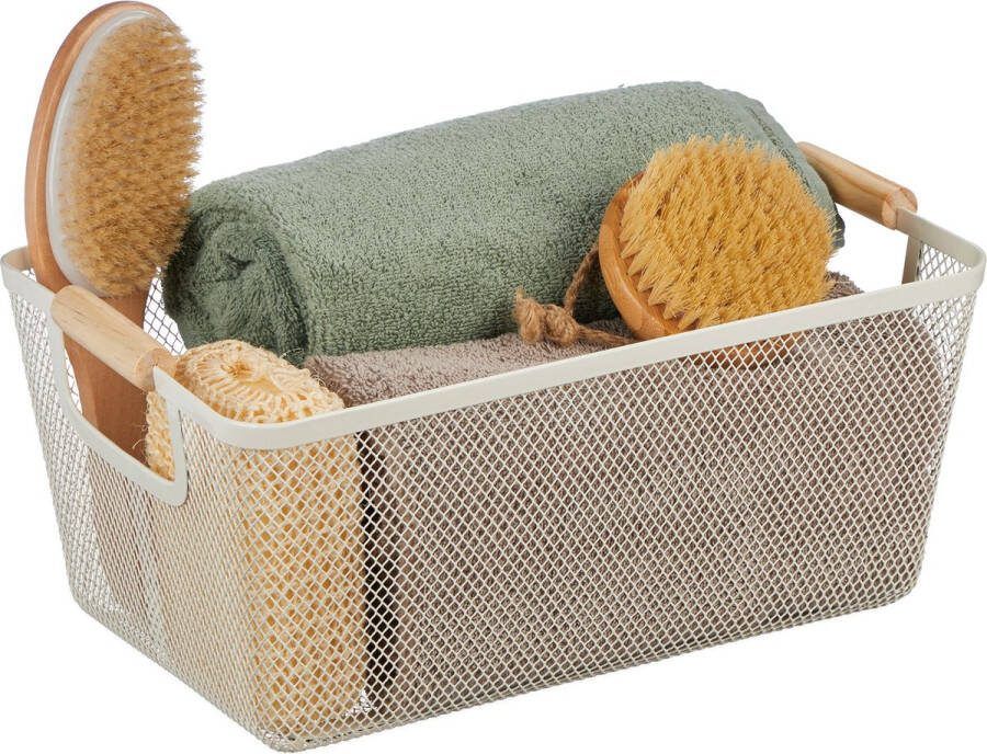 Relaxdays metalen opbergmand rechthoekige draadmand 2 handvaten opberger gaas wit