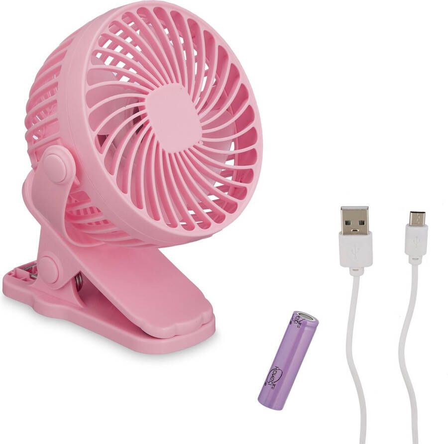 Relaxdays mini ventilator auto 3 snelheden kleine tafelventilator met klem usb roze