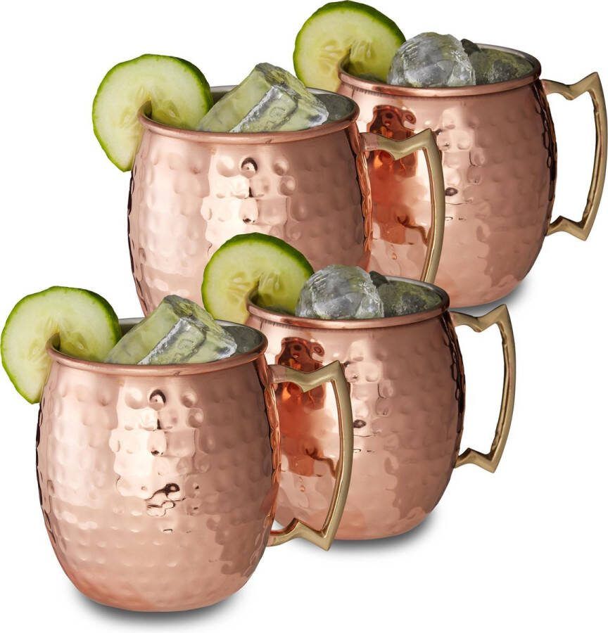 Relaxdays moscow mule beker set van 4 stuks koperen beker 500 ml cocktailbeker