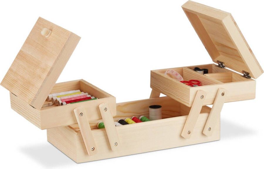 Relaxdays naaikist hout naaidoos 5 vakken compact natuurlijk opbergbox leeg