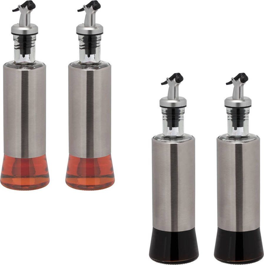 Relaxdays olie dispenser set van 4 300 ml olie en azijn fles schenktuit zilver