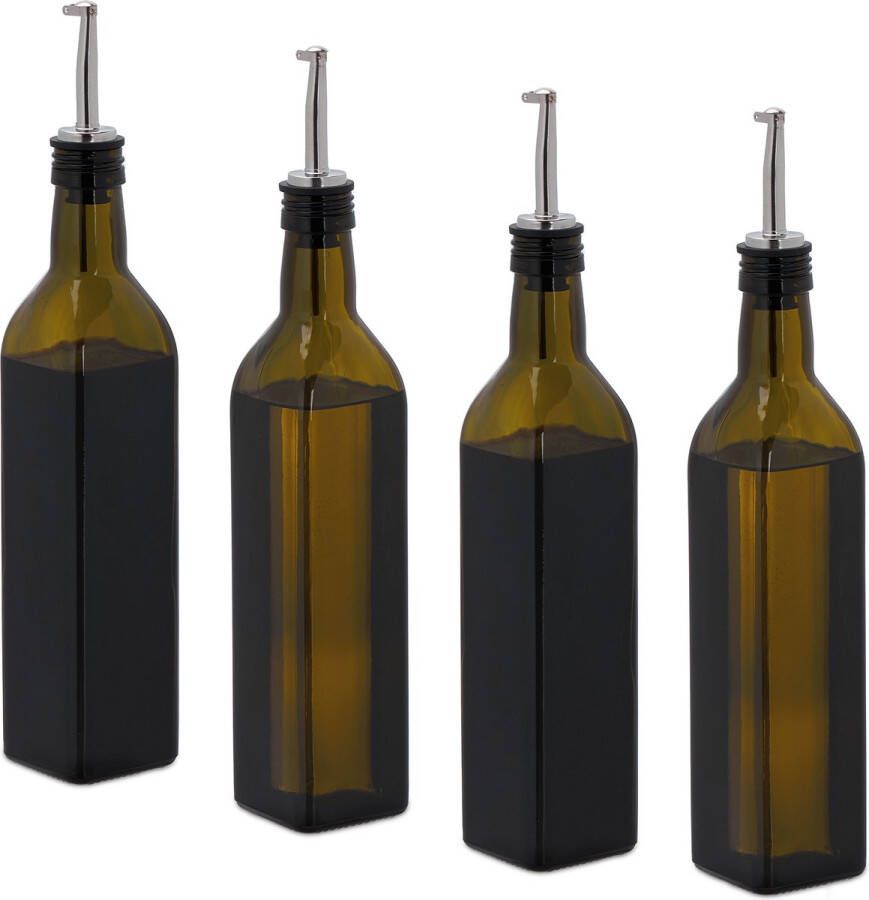Relaxdays olie dispenser set van 4 500 ml olie en azijn fles schenktuit bruin