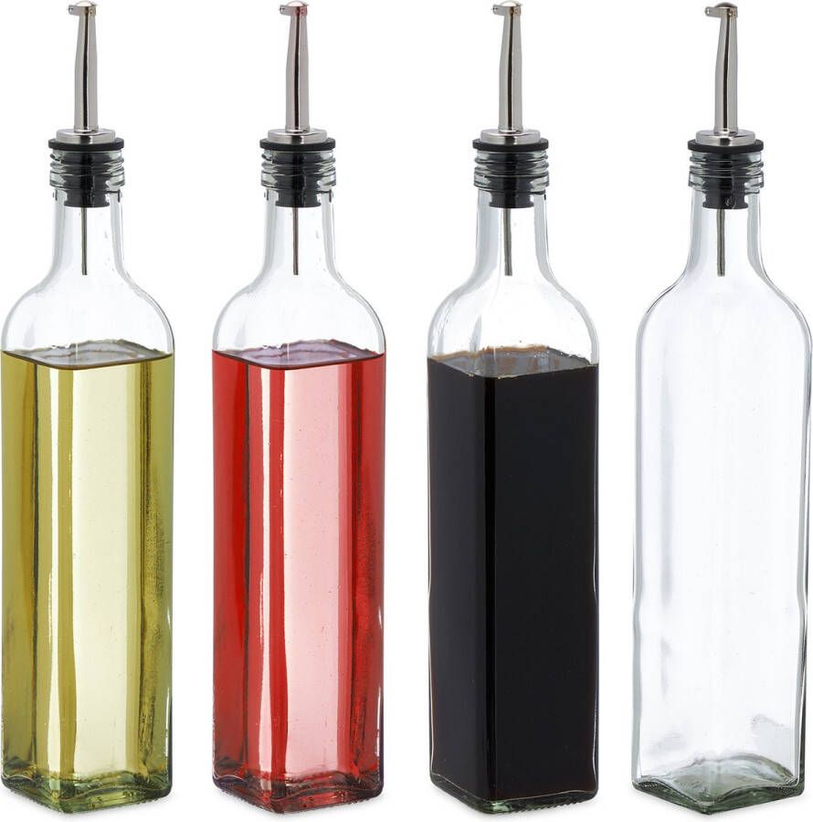 Relaxdays olie dispenser set van 4 500 ml olie en azijn fles schenktuit glas